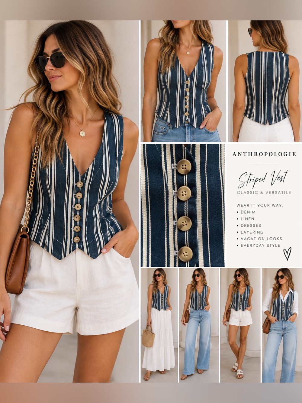 Anthropologie Navy & Cream Striped Button Front Vest Top Size Medium
